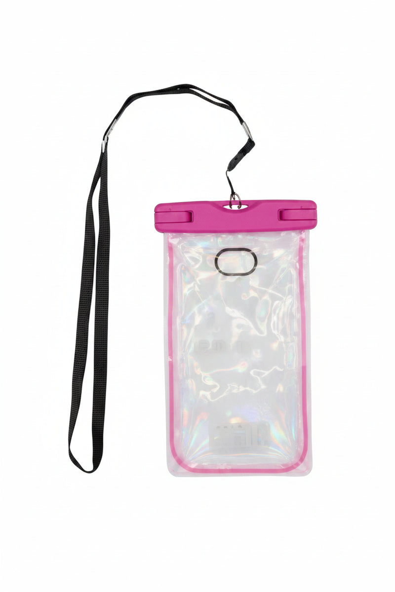 Pink and clear waterproof phone pouch with a black lanyard