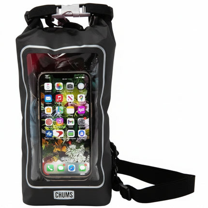 Black Chums waterproof dry bag with a clear window displaying a smartphone
