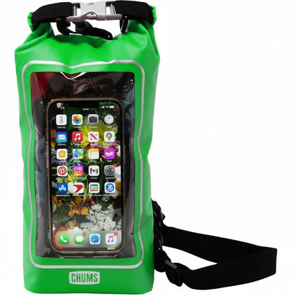 Green waterproof phone case with a clear window displaying a smartphone screen