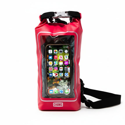 Red waterproof phone case with a clear window showing a smartphone screen