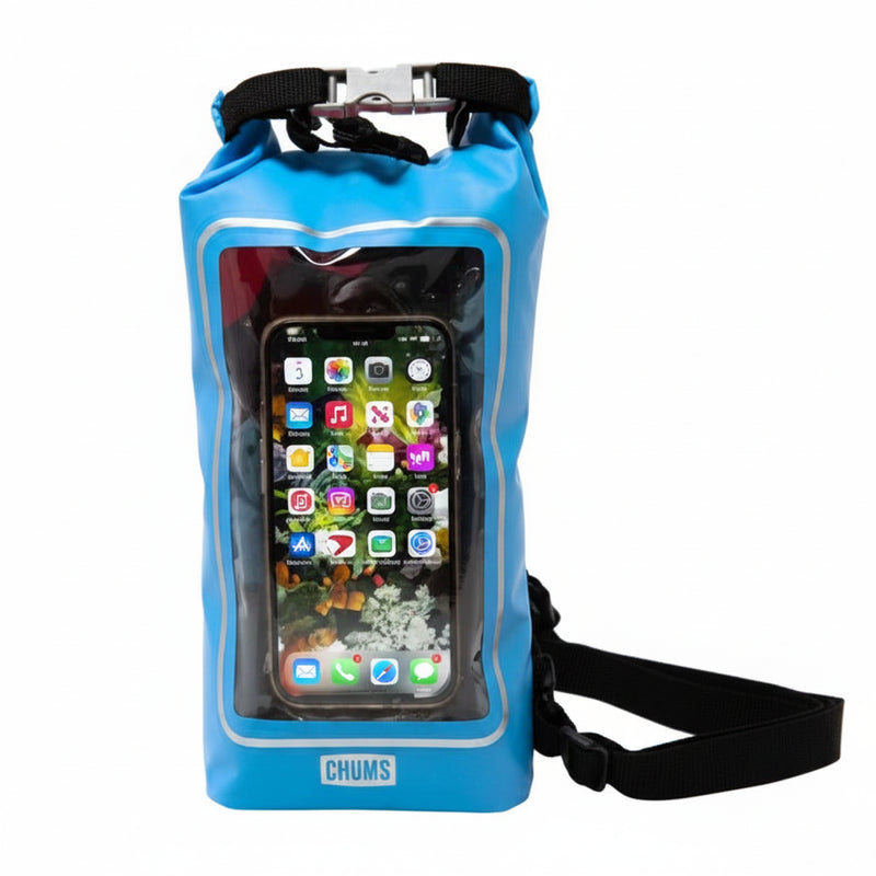Blue Chums waterproof dry bag with a smartphone visible through a clear window