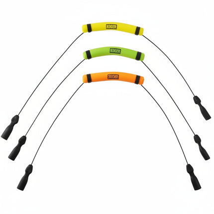 Three floating eyewear retainers in yellow, green, and orange with black ends