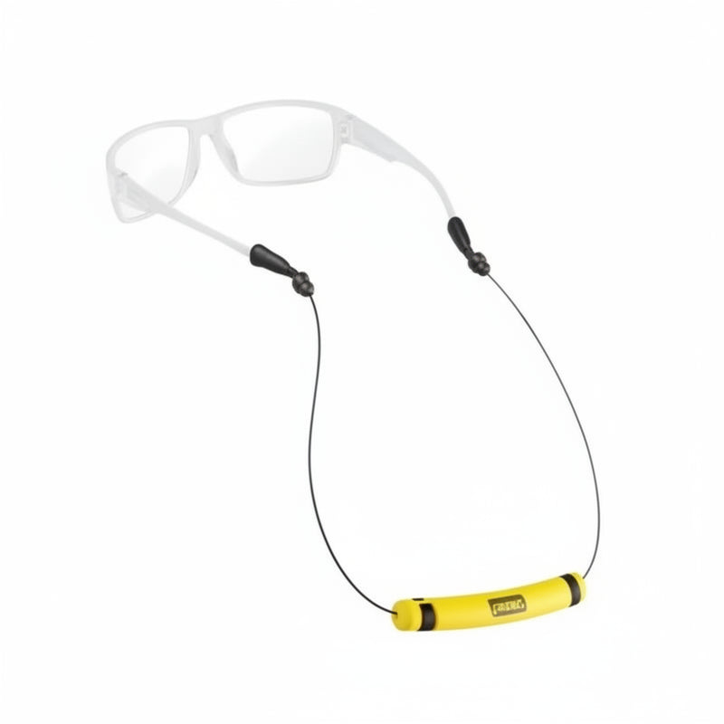 White sunglasses with a yellow floating strap