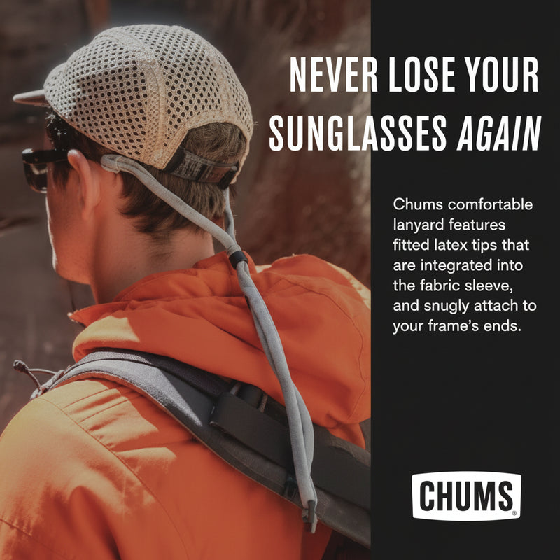 Man wearing a hat and sunglasses with a Chums lanyard attached to the frames