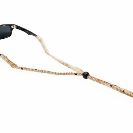 Black sunglasses with a beige and black braided strap