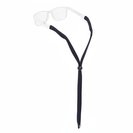 Navy blue glasses strap attached to clear frame glasses