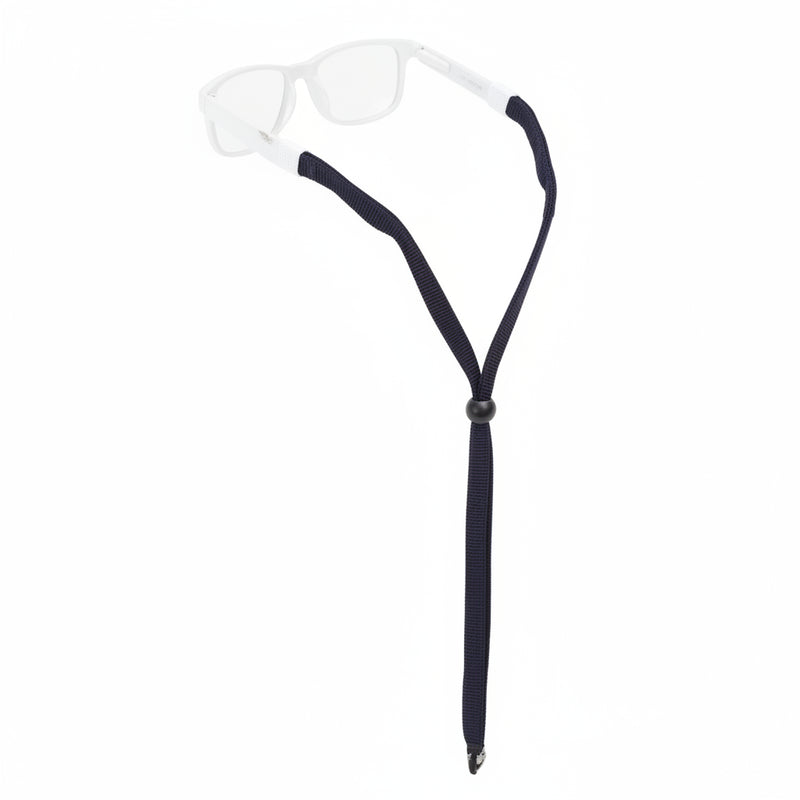 Navy blue glasses strap attached to clear frame glasses