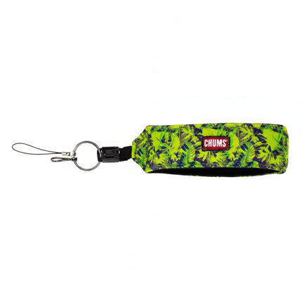 Green and purple patterned wrist lanyard with a black buckle and metal keyring