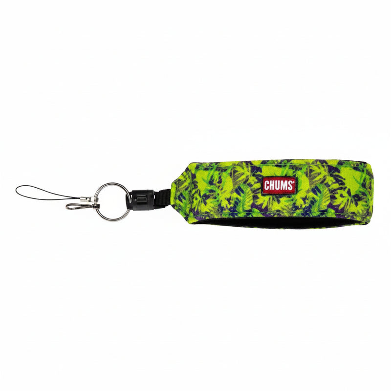 Green and purple patterned wrist lanyard with a black buckle and metal keyring