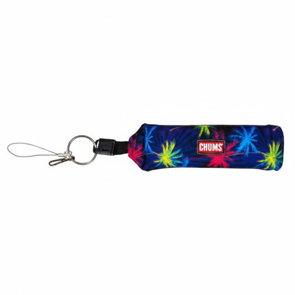 Chums floating keychain with a blue, pink, and yellow palm tree pattern