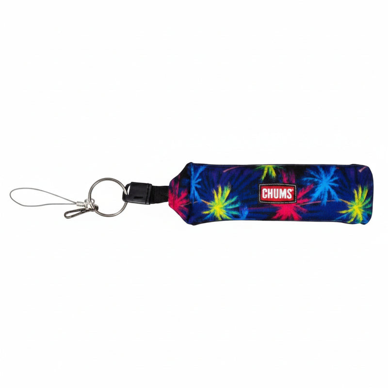 Chums floating keychain with a blue, pink, and yellow palm tree pattern