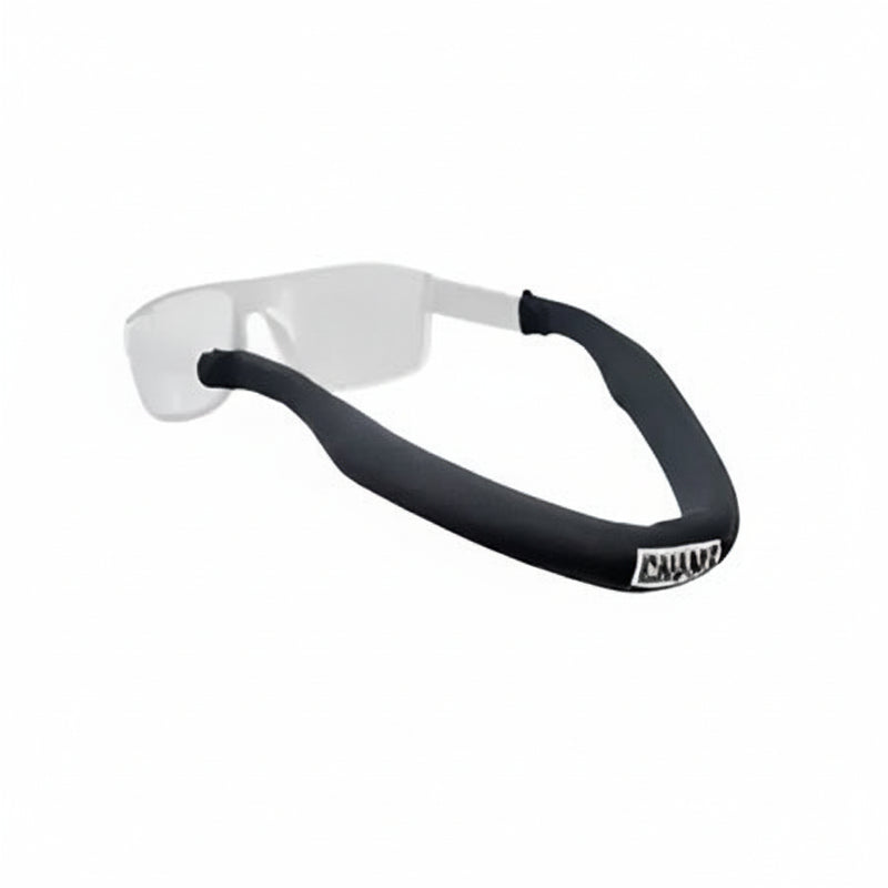 Black eyewear retainer with white logo attached to clear safety glasses