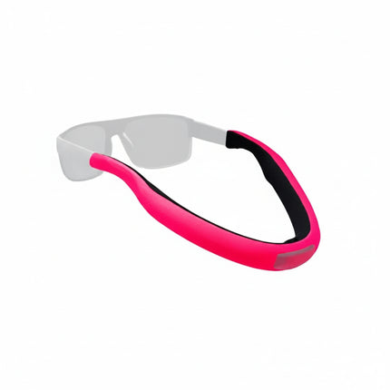 Pink and black glasses strap attached to sunglasses