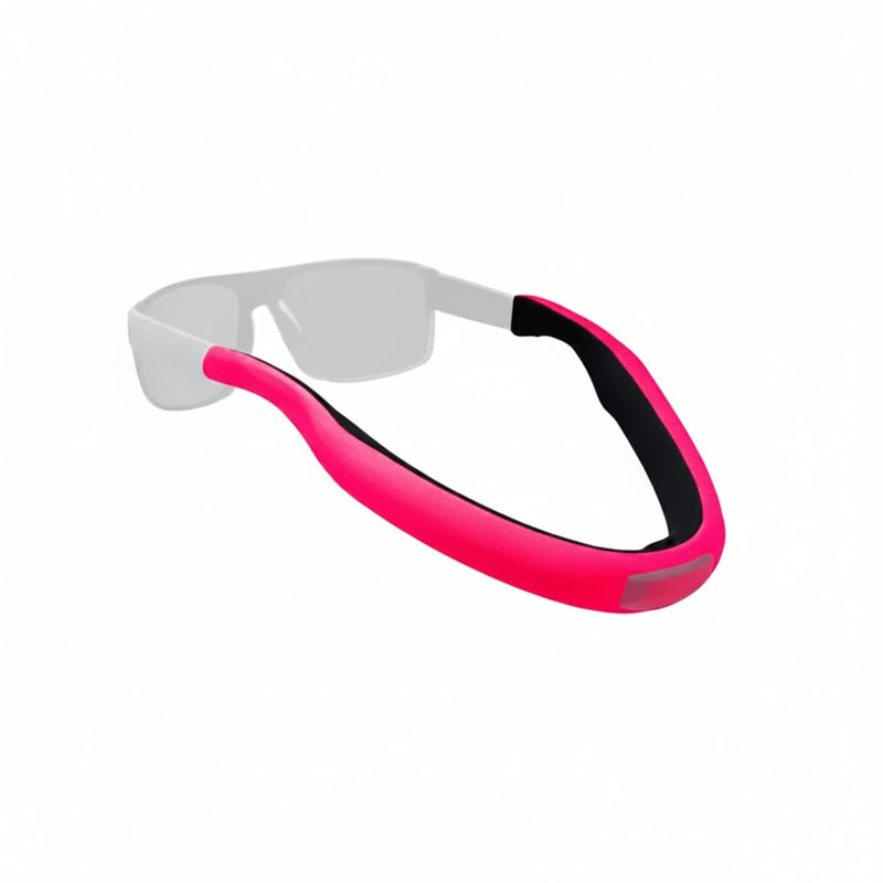 Pink and black glasses strap attached to sunglasses