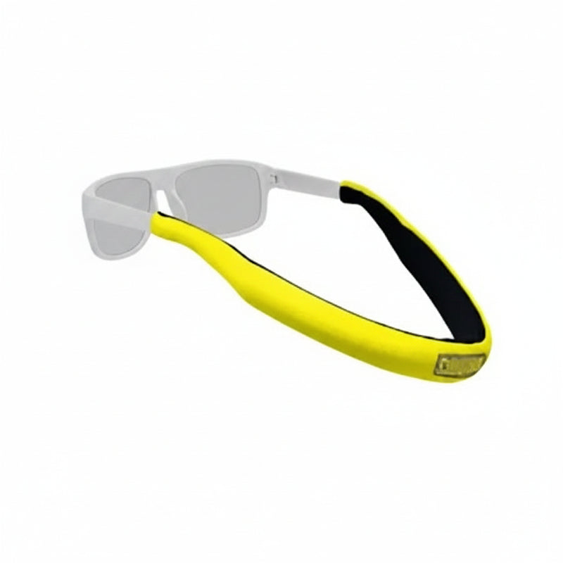 Yellow and black glasses strap attached to sunglasses