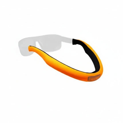 Orange and black glasses strap attached to sunglasses