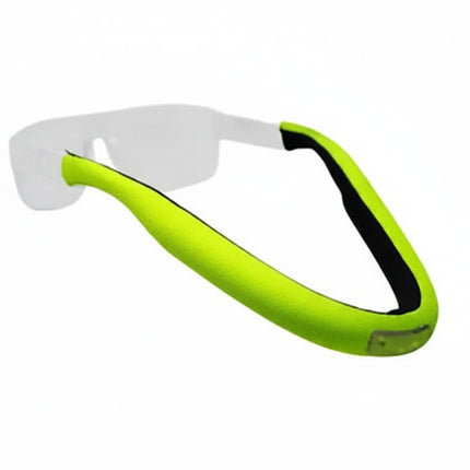 Neon green glasses strap with black interior, attached to clear glasses frames