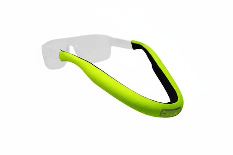 Neon green glasses strap with black interior, attached to clear glasses frames