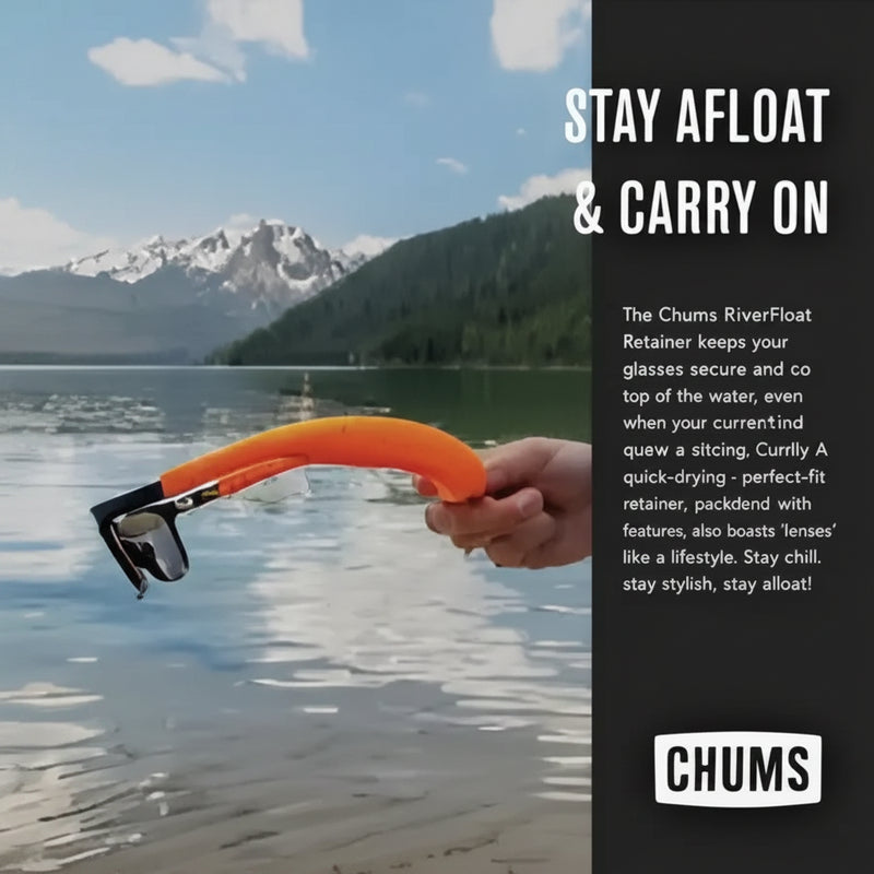 Hand holding sunglasses with an orange floating strap over a lake with mountains