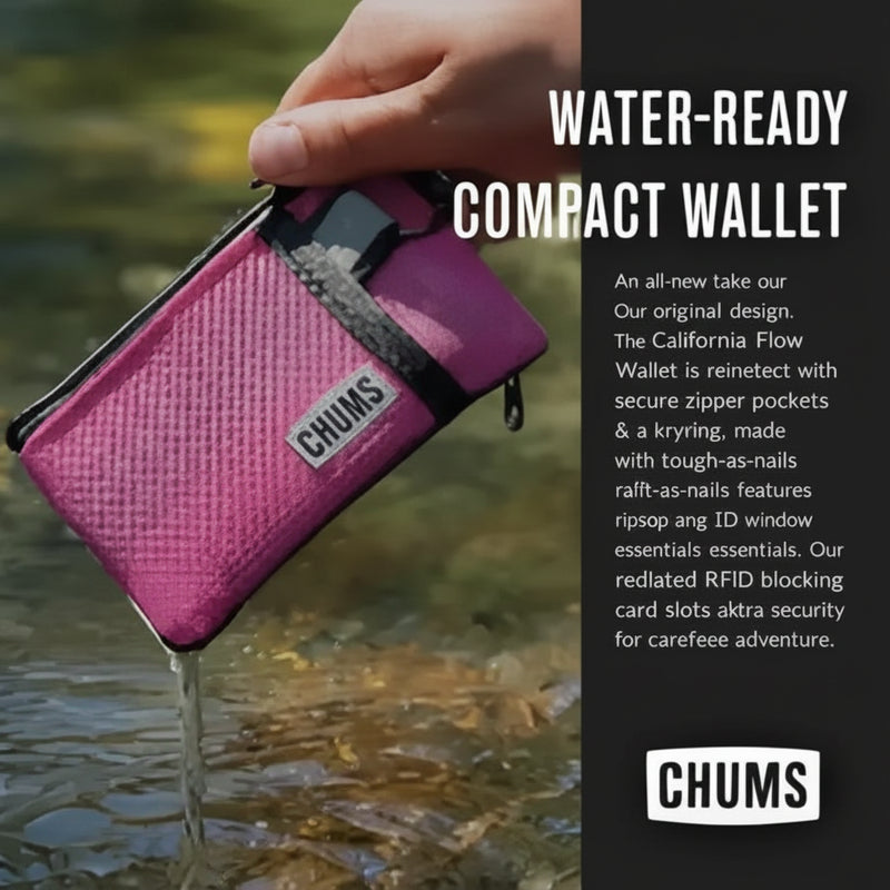 Hand holding a pink Chums wallet over water, demonstrating its water-ready feature