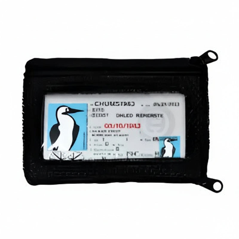 Black waterproof pouch with a clear window displaying an ID card with a bird logo