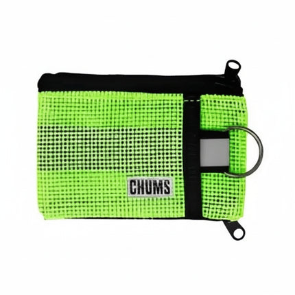 Chums wallet in neon green mesh with black trim and a metal key ring
