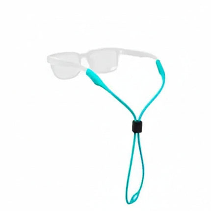 Teal glasses strap attached to clear frame glasses