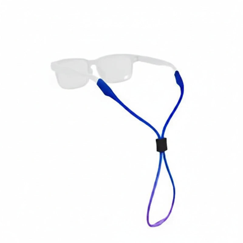 Blue and purple ombre glasses strap attached to white frame glasses