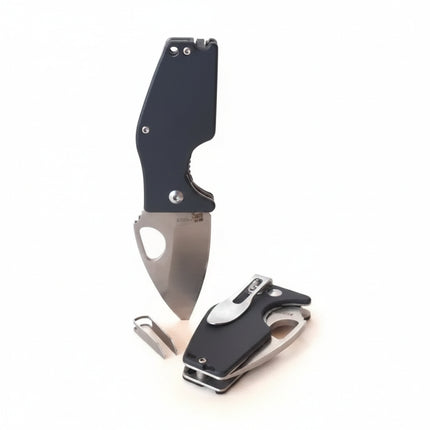 Two black folding knives, one open with a silver blade, one closed with a silver clip