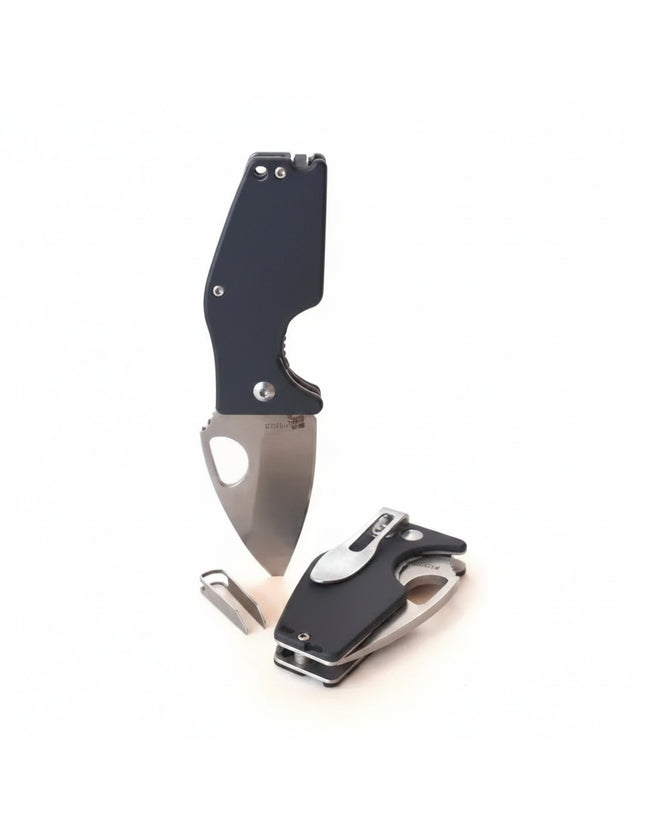 Two black folding knives, one open with a silver blade, one closed with a silver clip