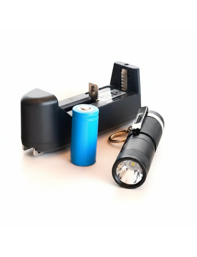 Black flashlight, blue battery, and black battery charger on a white background