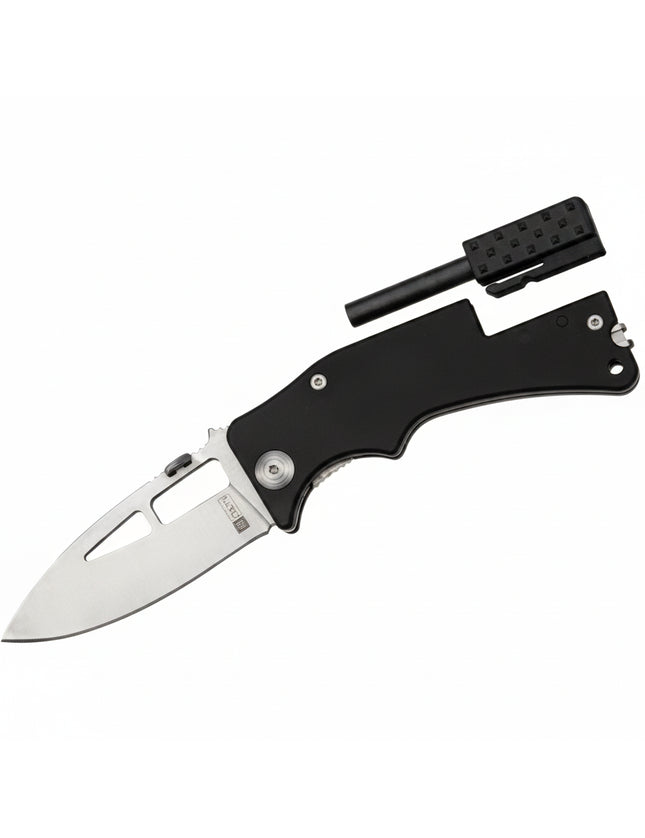 Black folding knife with a silver blade and a black fire starter tool