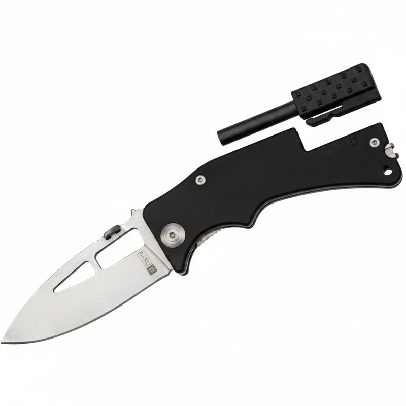 Black folding knife with a silver blade and a black fire starter tool
