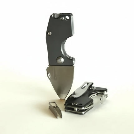 Two small folding knives, one open and one closed, with a pair of tweezers