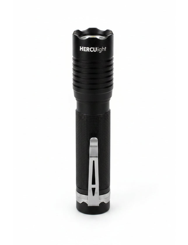 Black flashlight with silver clip and base