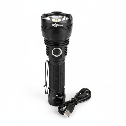 Black flashlight with a silver clip and a black USB charging cable