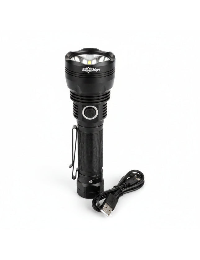 Black flashlight with a silver clip and a black USB charging cable