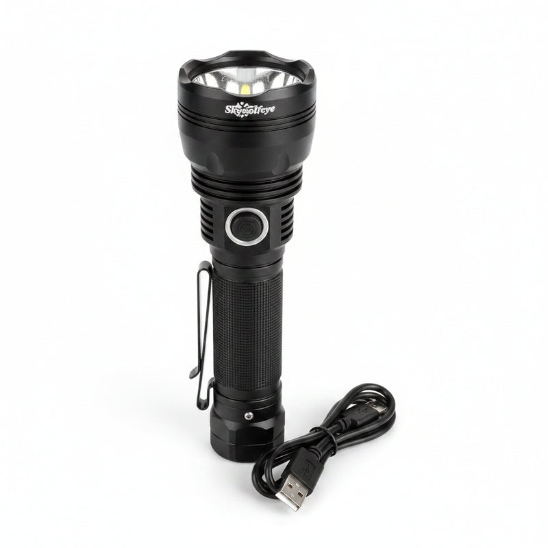Black flashlight with a silver clip and a black USB charging cable