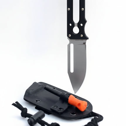 Black handled knife with a grey blade, black sheath, and an orange and black fire starter