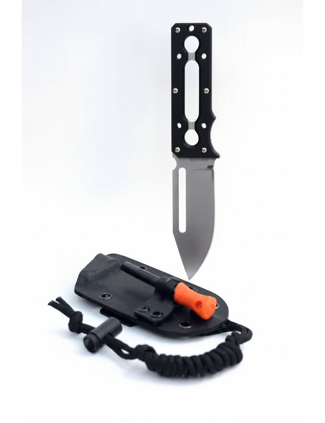 Black handled knife with a grey blade, black sheath, and an orange and black fire starter