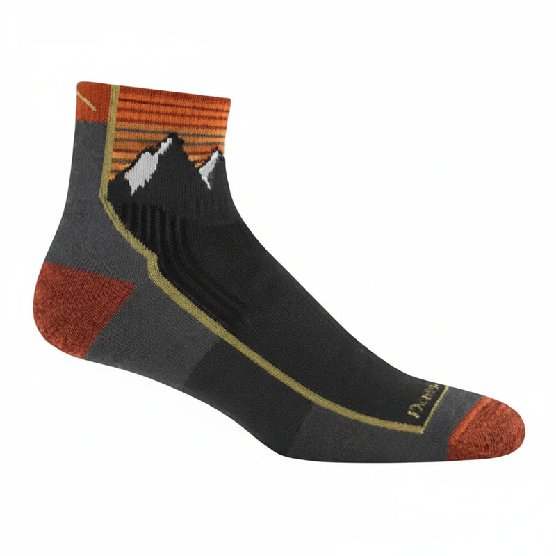 Black ankle sock with orange cuff and heel, grey midfoot, and mountain graphic on the cuff