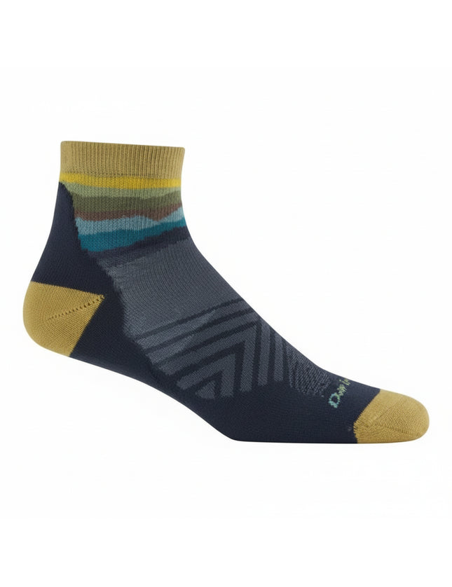 Darn Tough mens Element quarter lightweight running sock in navy with yellow and blue stripes