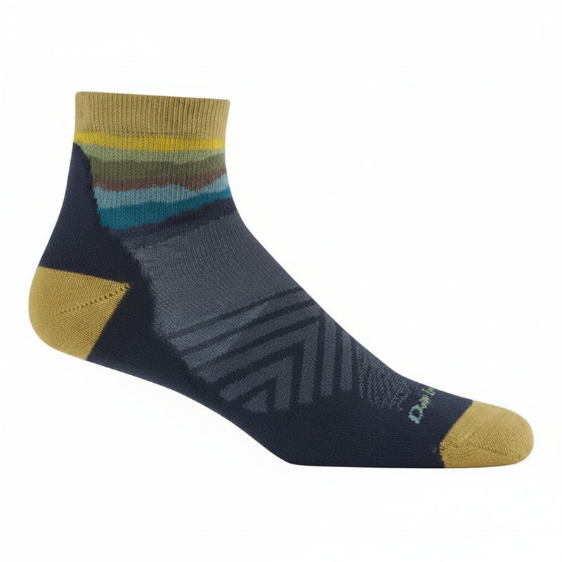 Darn Tough mens Element quarter lightweight running sock in navy with yellow and blue stripes