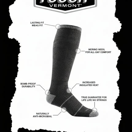 Darn Tough Vermont sock with features highlighted including merino wool, durability, and fit
