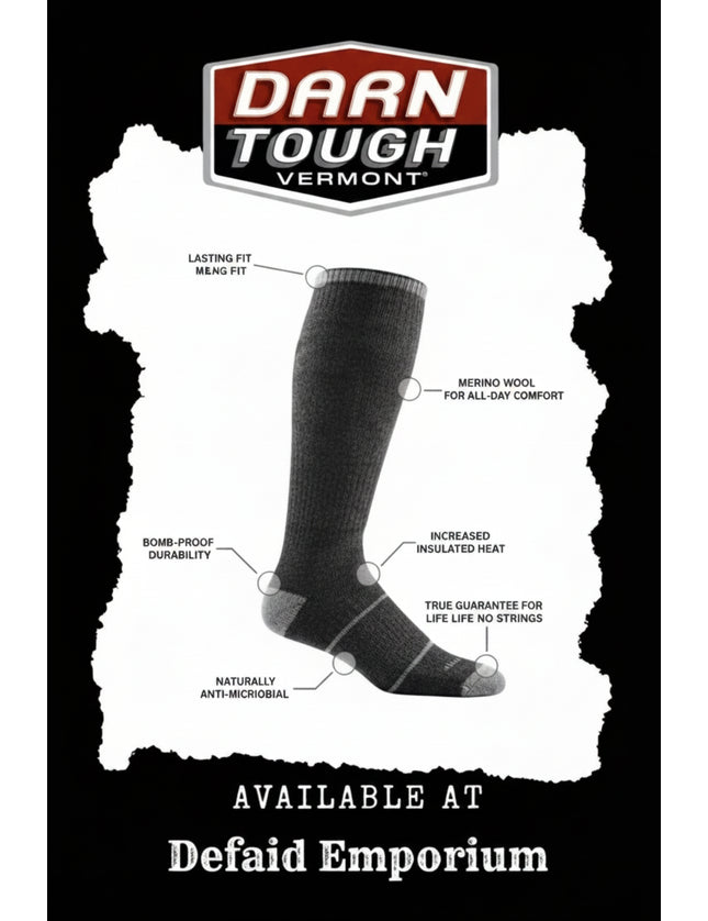 Darn Tough Vermont sock with features highlighted including merino wool, durability, and fit