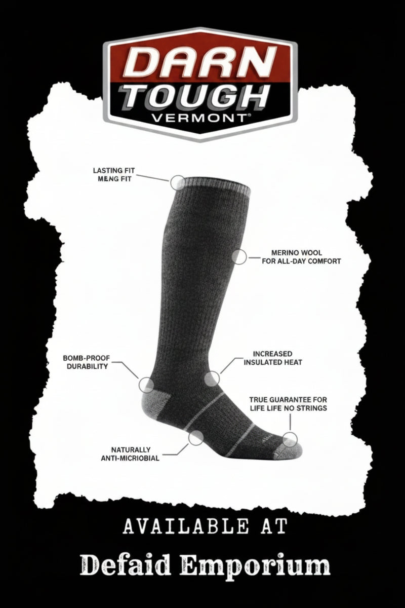 Darn Tough Vermont sock with features highlighted including merino wool, durability, and fit