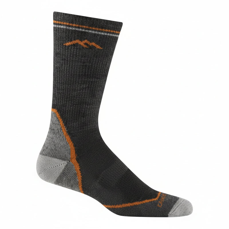 Dark grey hiking sock with orange and light grey accents