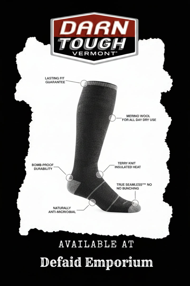 Darn Tough Vermont logo above a black sock with feature callouts