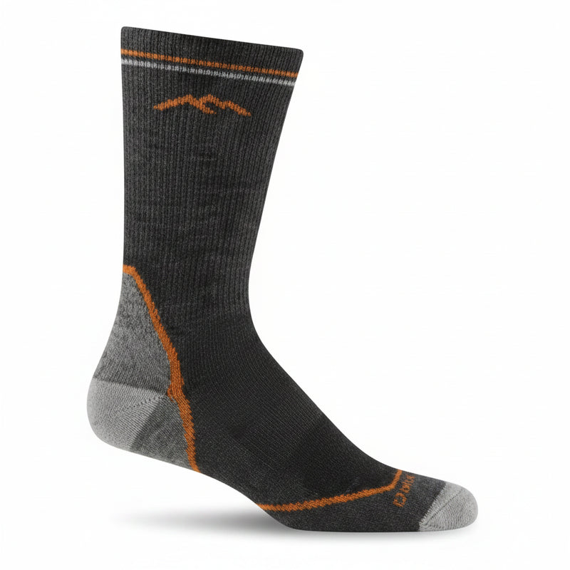 Darn Tough mens micro crew cushion hiking sock in black with orange accents