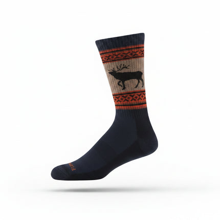 Navy blue sock with a brown and orange patterned cuff featuring a black deer silhouette